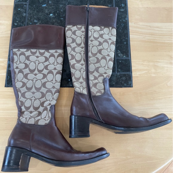 Coach Olivia P156 G2 Tall Heeled Boot Logo Signature Jacquard Brown Leather 7.5 - Picture 10 of 16